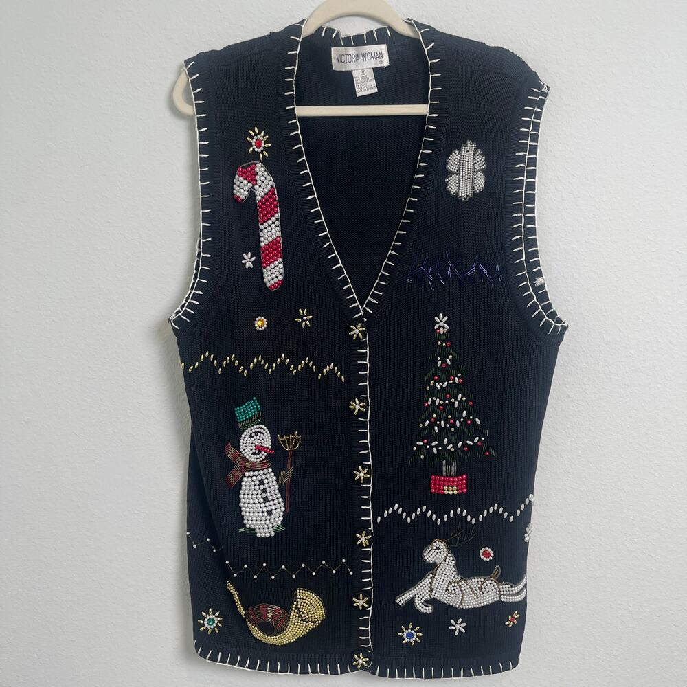 Vintage Victoria Woman Christmas Beaded Sweater Vest Black Holiday Ramie Cotton